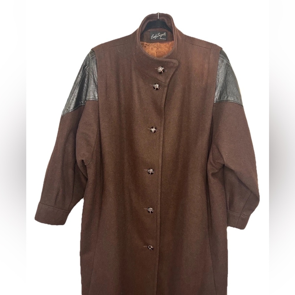 VTG Womens Brown Wool & Leather Maxi Duster Coat USA Oversized 80s XXL Bohemian - Picture 12 of 16